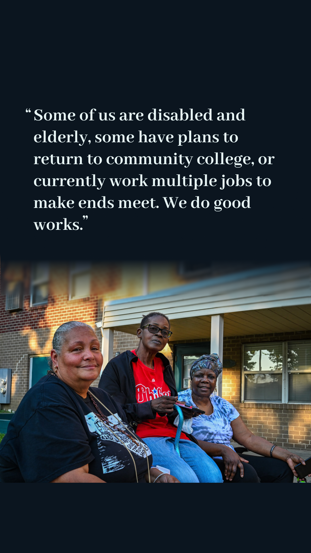 A photograph of Ms Lynn, Ms Wanda, and Ms. Lyles seated in front of the Towhomes with caption text above